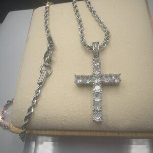 Cubic Zirconia Cross Pendant Necklace With Rope Chain Stainless Steel Silver Pla
